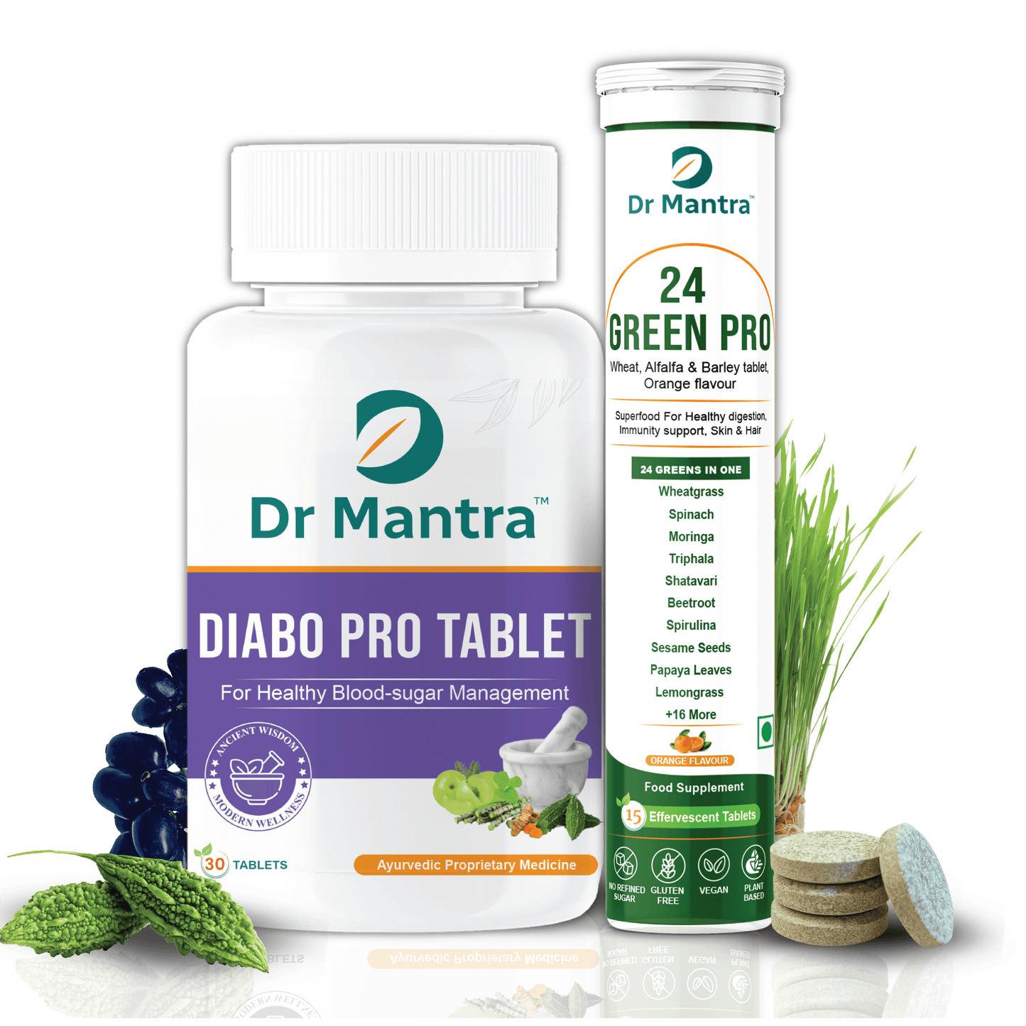 Dr Mantra Diabo Pro Kit for Healthy Blood Sugar Levels| Diabo Pro 30 Tablets + 24 Greens Pro 15 Effervescent Tablets