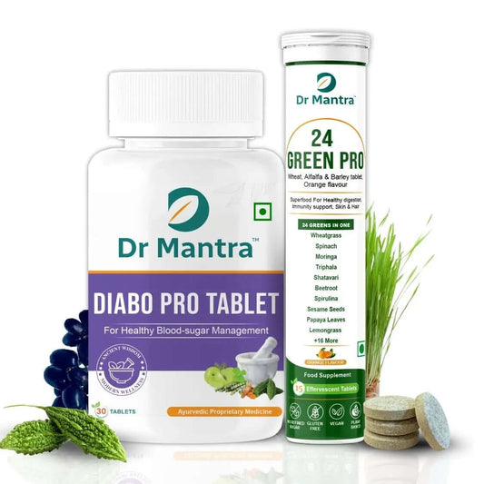 Dr Mantra Diabo Pro Kit for Healthy Blood Sugar Levels| Diabo Pro 30 Tablets + 24 Greens Pro 15 Effervescent Tablets