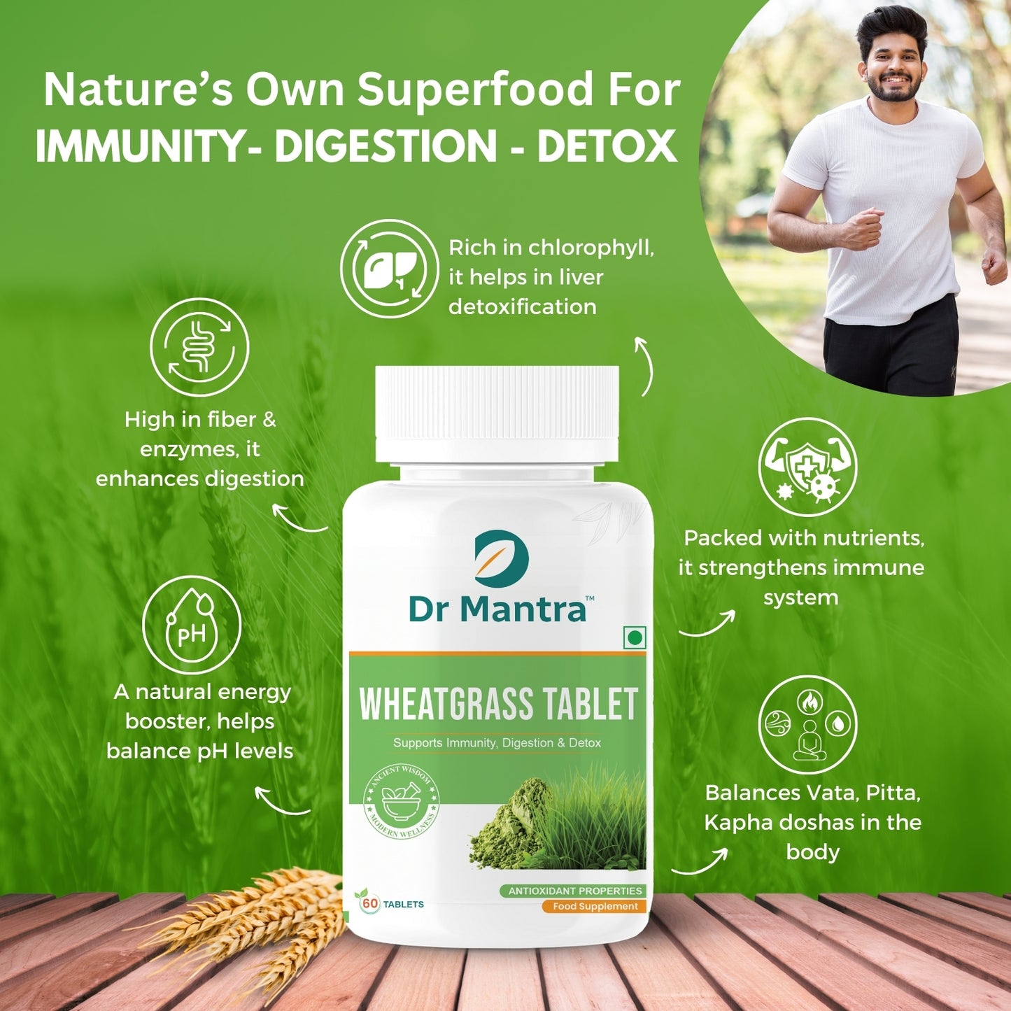 Dr Mantra Wheatgrass Tablets for Daily Detox| Natural Antioxidant Superfood for Digestion, Immunity, Blood Purification, Joints, Digestion & Metabolism| 60 Tablets