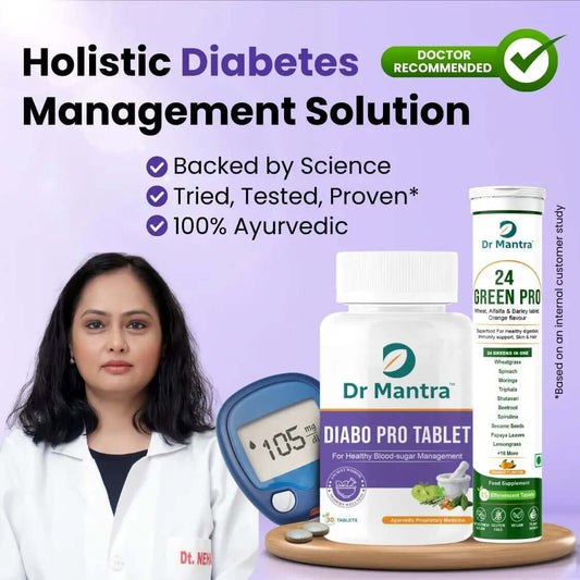 Dr Mantra Diabo Pro Kit for Healthy Blood Sugar Levels| Diabo Pro 30 Tablets + 24 Greens Pro 15 Effervescent Tablets