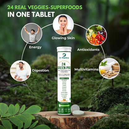 24 Green Pro Effervescent Tablets for Immunity, Digestion, Detox, Skin & Hair| Daily Superfood| 15 Multivitamin Tablets