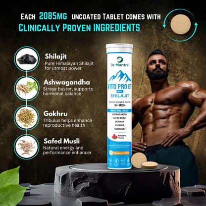 Vita Pro Shilajit Effervescent Tablets for Men's Performance, Strength & Stamina, Muscle Recovery | Made with Ayurvedic ingredients Ashwagandha, Safed Musli| 15 Tablets|2085mg