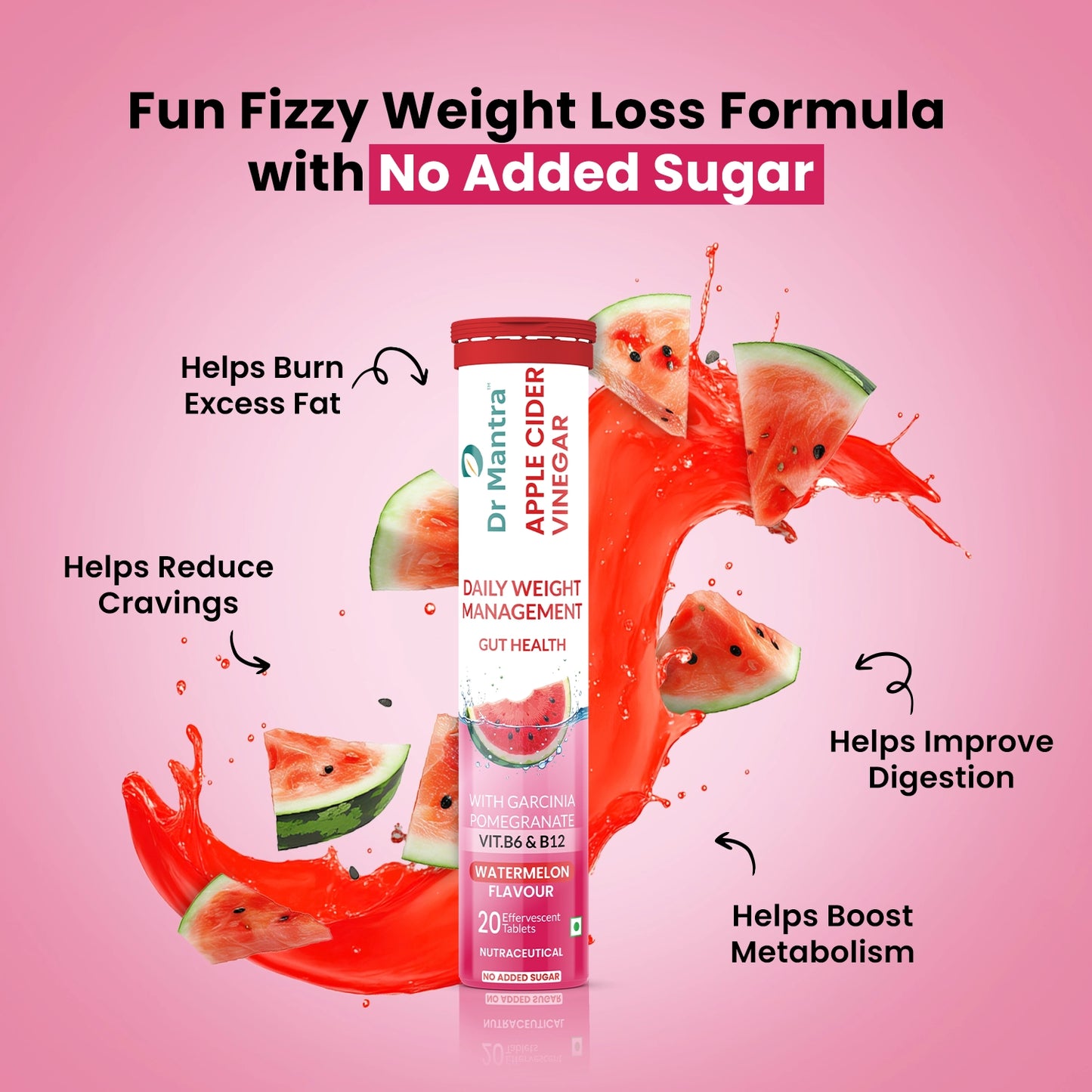 Dr Mantra ACV Effervescent Tablets | Weight Management | Fat Burning | Metabolism Booster | Craving Control | Apple Cider Vinegar, Garcinia Cambogia, Pomegranate Extract | No Added Preservatives & Zero Sugar – Watermelon Flavour, Pack of 6 (120 Tablets)