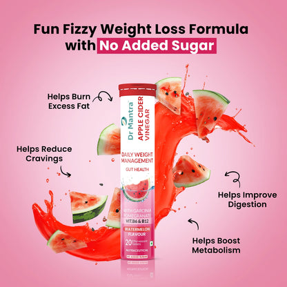 Dr Mantra ACV Effervescent Tablets | Weight Management | Fat Burning | Metabolism Booster | Craving Control | Apple Cider Vinegar, Garcinia Cambogia, Pomegranate Extract | No Added Preservatives & Zero Sugar – Watermelon Flavour, Pack of 6 (120 Tablets)