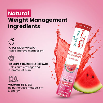 Dr Mantra ACV Effervescent Tablets | Weight Management | Fat Burning | Metabolism Booster | Craving Control | Apple Cider Vinegar, Garcinia Cambogia, Pomegranate Extract | No Added Preservatives & Zero Sugar – Watermelon Flavour, Pack of 6 (120 Tablets)