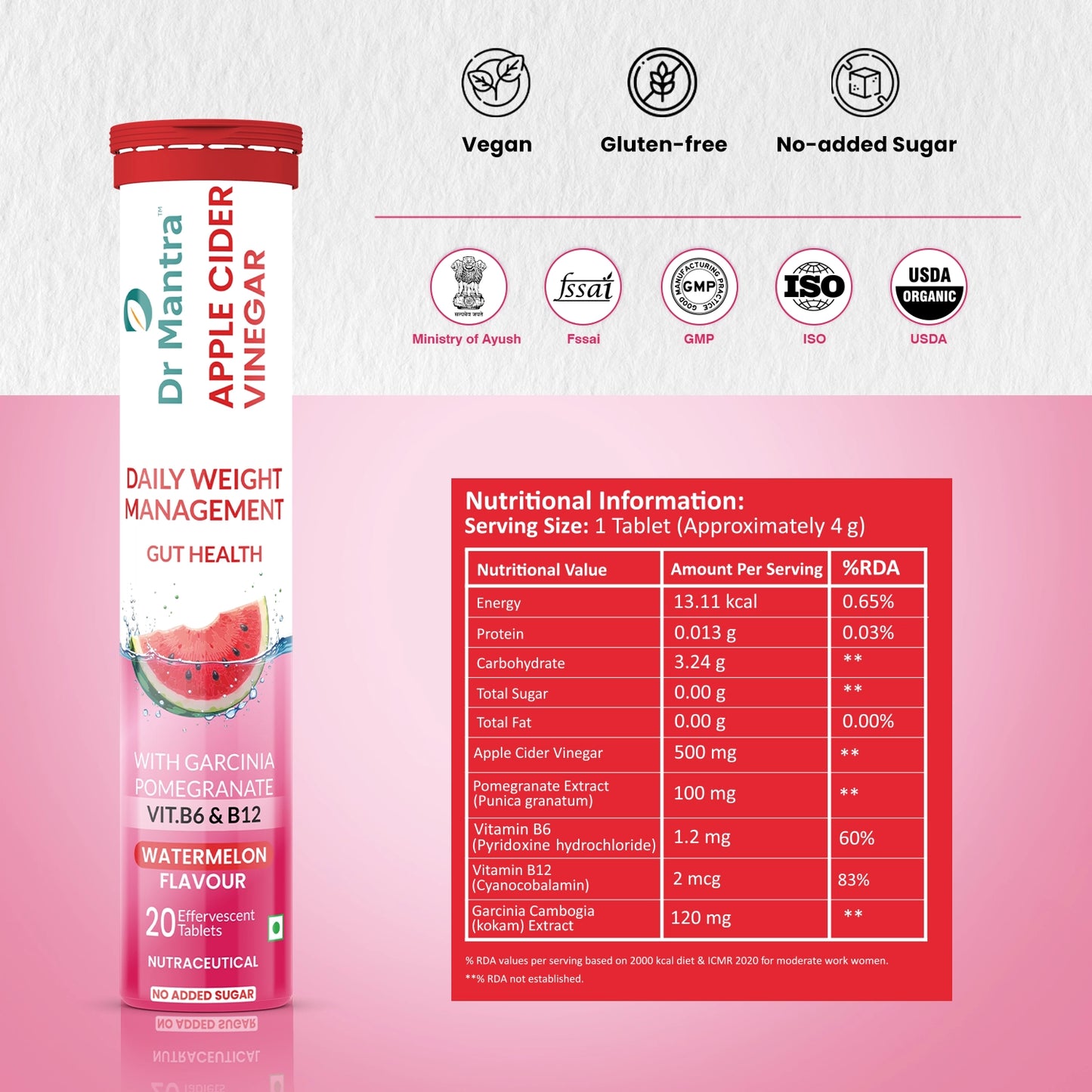 Dr Mantra Apple Cider Vinger for Weight Management | 20 Eff Tablets   Effervescent Tablets For Weight Management